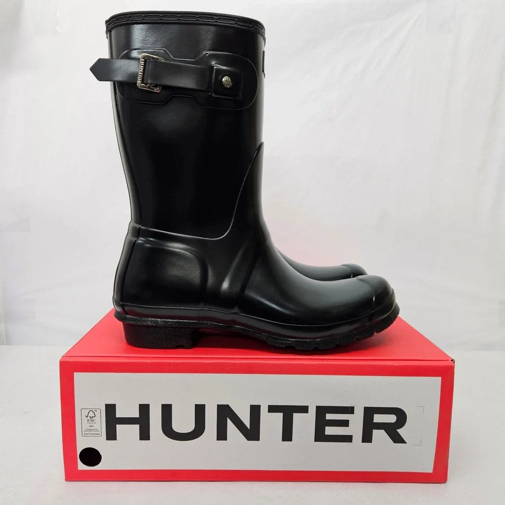 Hunter Original Short Gloss Rain Boots WFS1000RGL Black Women's Size‎ 10